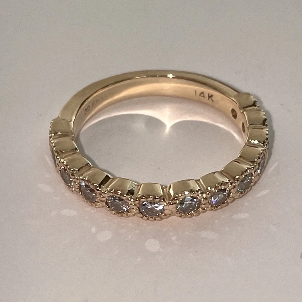Solid Stamped 14K Yellow Gold Natural Diamond Semi Eternity Round Bead Band Ring